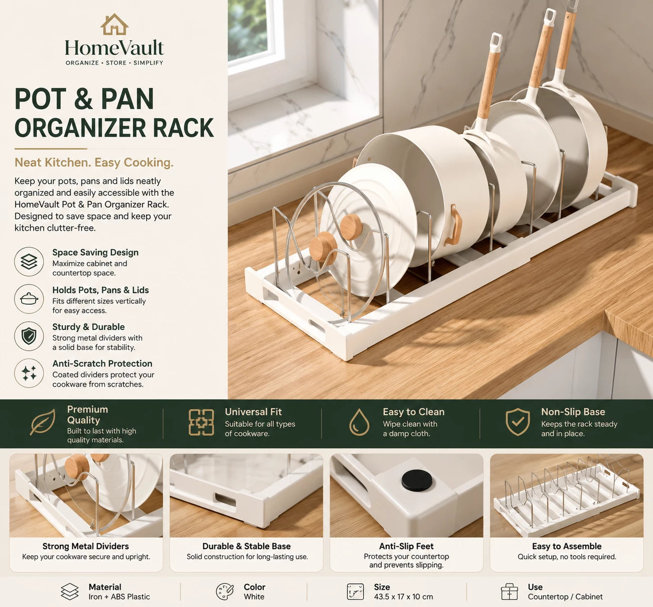 HomeVault Expandable Pot & Pan Organizer Rack | Adjustable Kitchen Cabinet Storage Holder
