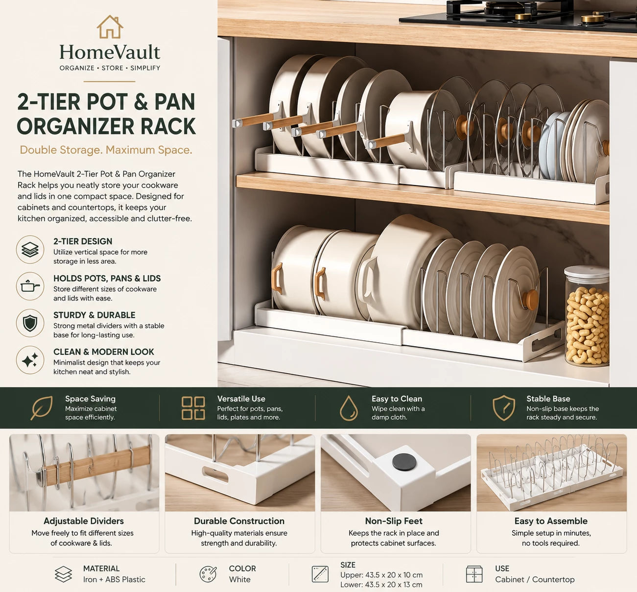 HomeVault Expandable Pot & Pan Organizer Rack | Adjustable Kitchen Cabinet Storage Holder