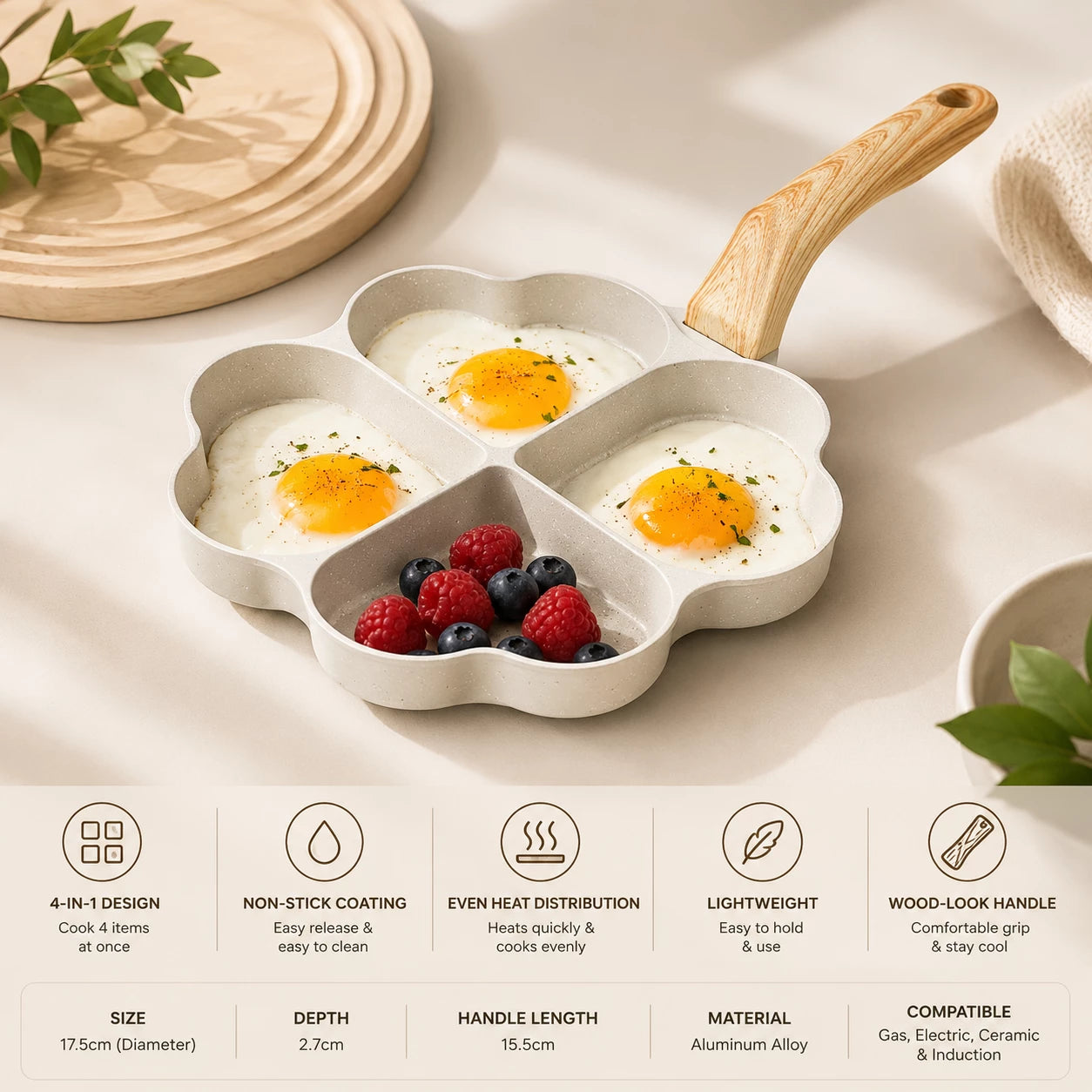 HomeVault  4-Compartment Non-Stick Breakfast Frying Pan | Multi-Section Egg & Pancake Pan