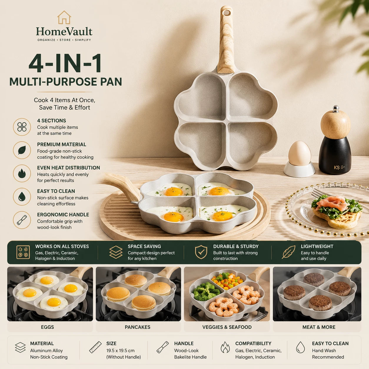 HomeVault  4-Compartment Non-Stick Breakfast Frying Pan | Multi-Section Egg & Pancake Pan