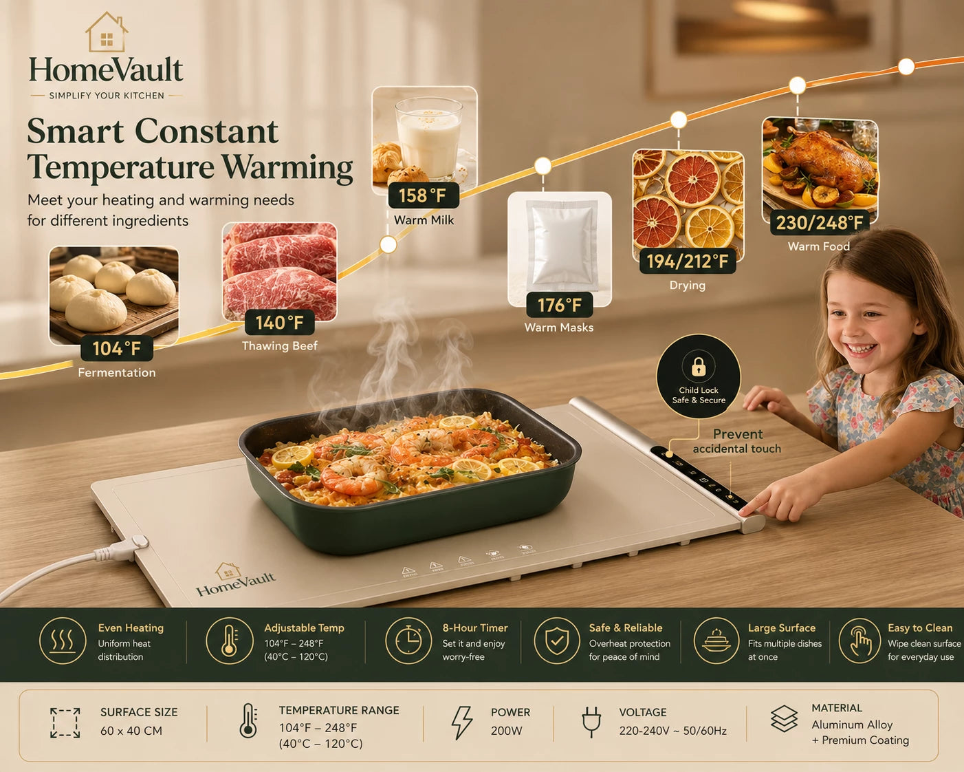HomeVault Electric Food Warming Mat | Foldable Smart Heating Tray with Adjustable Temperature & Timer