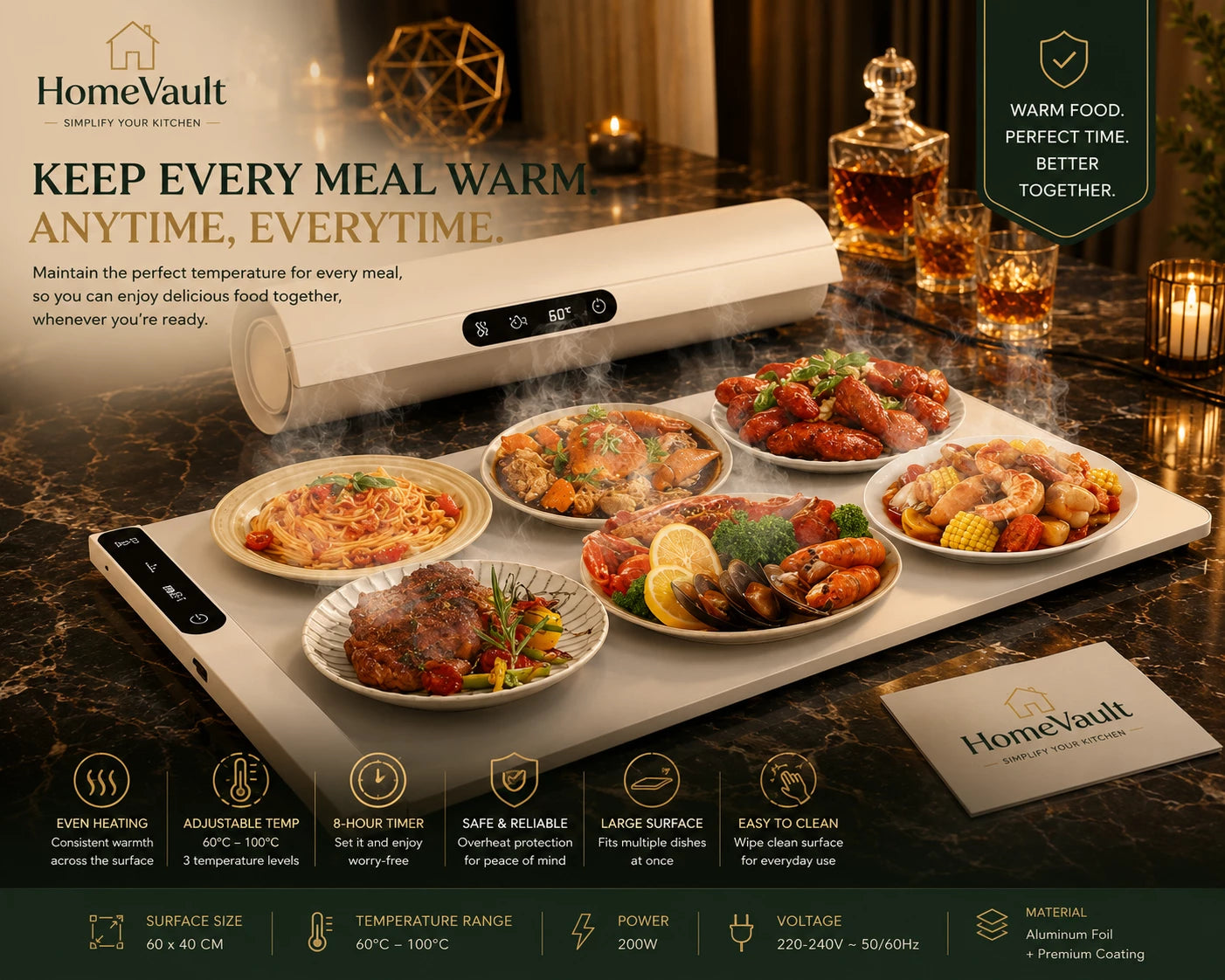 HomeVault Electric Food Warming Mat | Foldable Smart Heating Tray with Adjustable Temperature & Timer