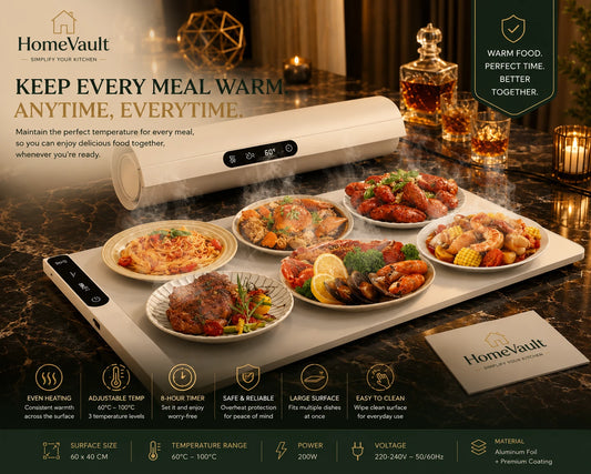 HomeVault Electric Food Warming Mat | Foldable Smart Heating Tray with Adjustable Temperature & Timer