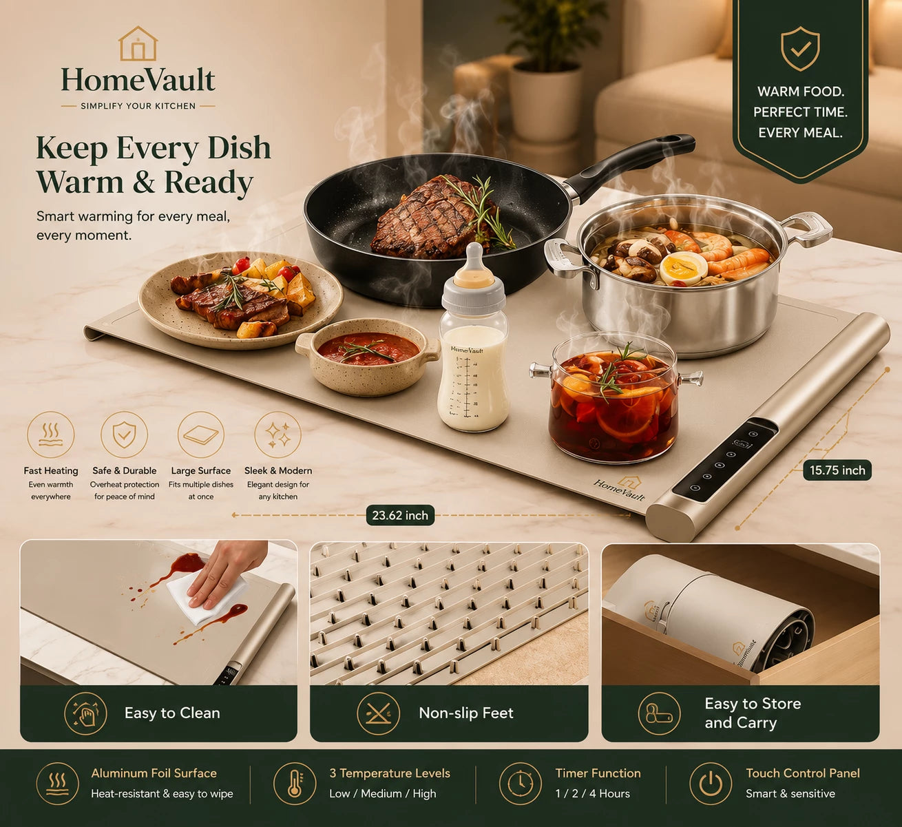 HomeVault Electric Food Warming Mat | Foldable Smart Heating Tray with Adjustable Temperature & Timer