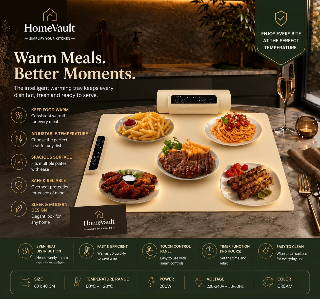 HomeVault Electric Food Warming Mat | Foldable Smart Heating Tray with Adjustable Temperature & Timer
