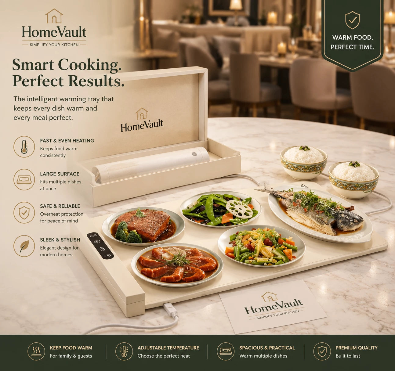 HomeVault Electric Food Warming Mat | Foldable Smart Heating Tray with Adjustable Temperature & Timer