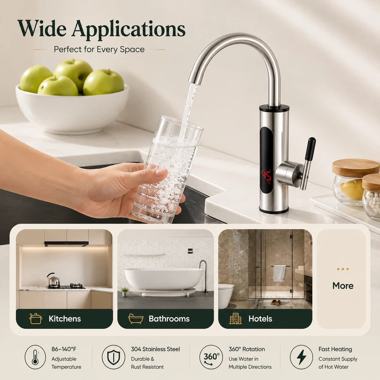 HomeVault Instant Electric Hot Water Faucet | Digital Temperature Display | 360° Rotating Kitchen Tap