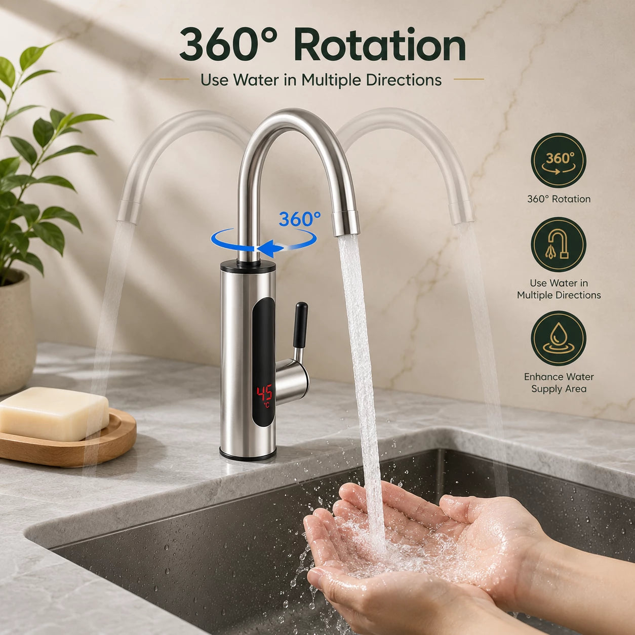 HomeVault Instant Electric Hot Water Faucet | Digital Temperature Display | 360° Rotating Kitchen Tap