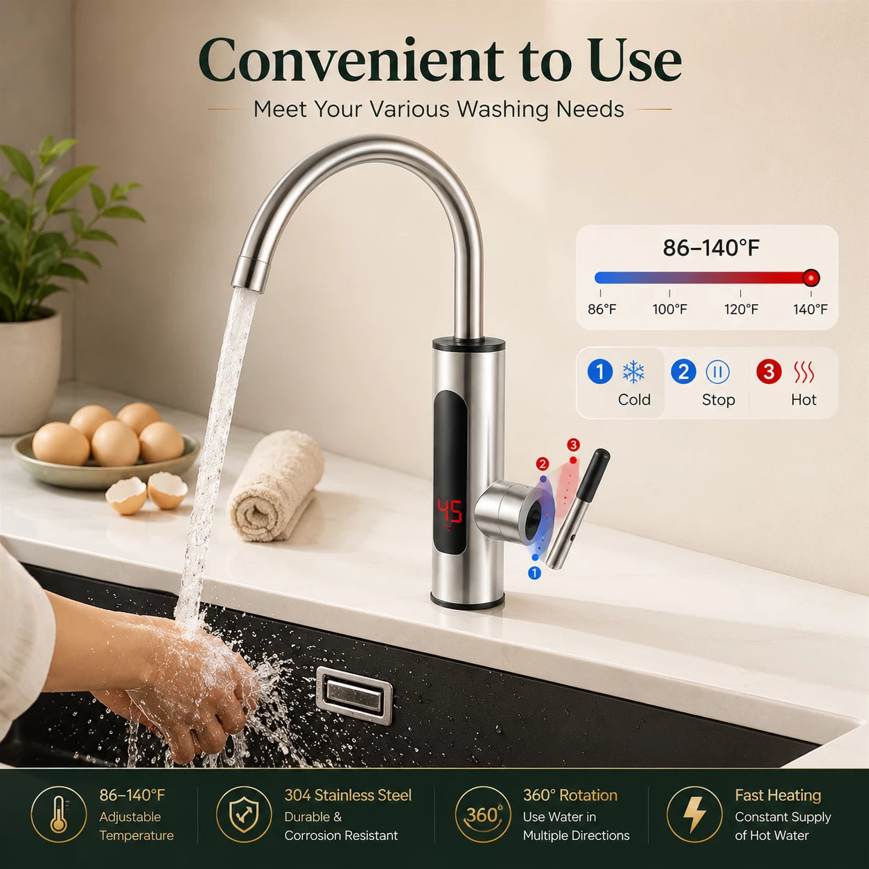 HomeVault Instant Electric Hot Water Faucet | Digital Temperature Display | 360° Rotating Kitchen Tap