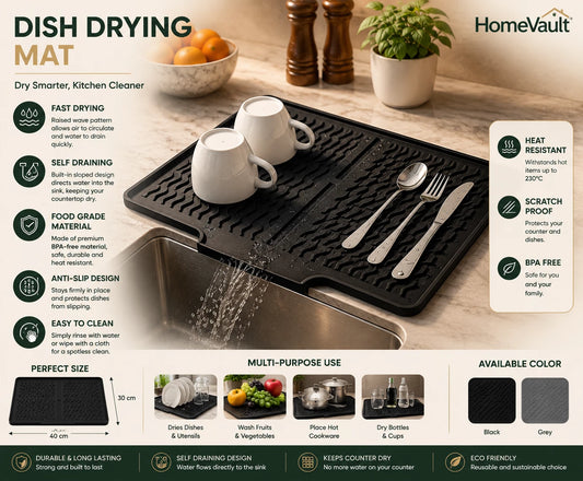 HomeVault Self-Draining Silicone Dish Drying Mat | Quick Dry Kitchen Sink Mat