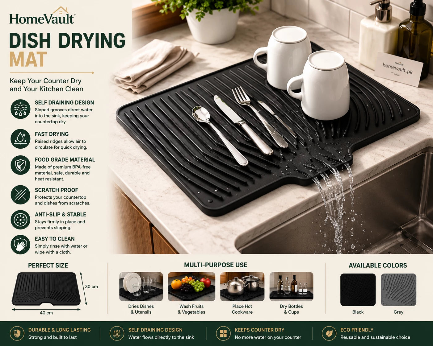 HomeVault Self-Draining Silicone Dish Drying Mat | Quick Dry Kitchen Sink Mat