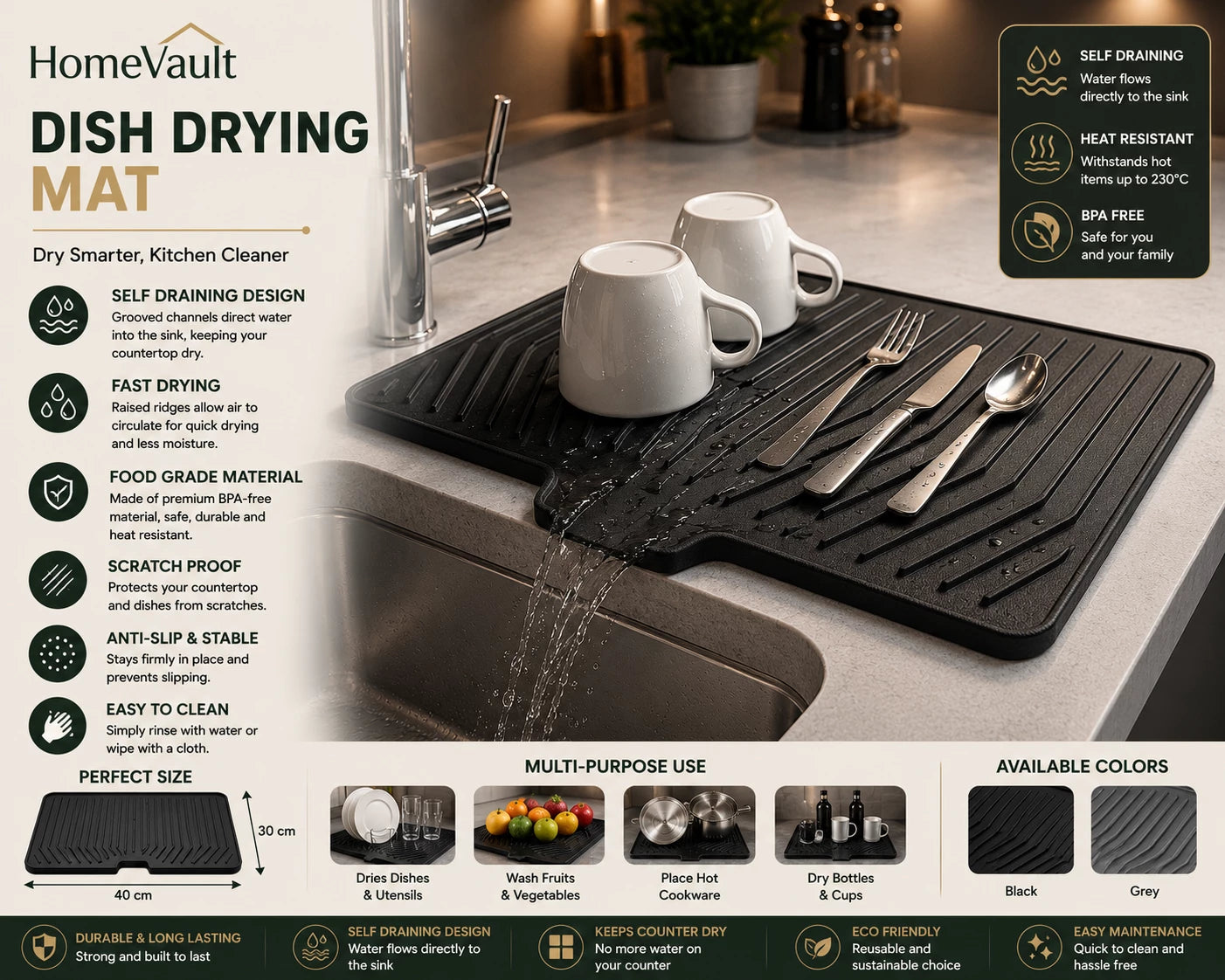 HomeVault Self-Draining Silicone Dish Drying Mat | Quick Dry Kitchen Sink Mat
