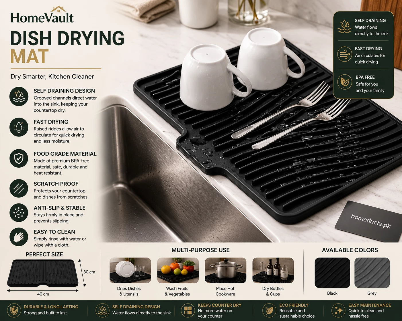 HomeVault Self-Draining Silicone Dish Drying Mat | Quick Dry Kitchen Sink Mat