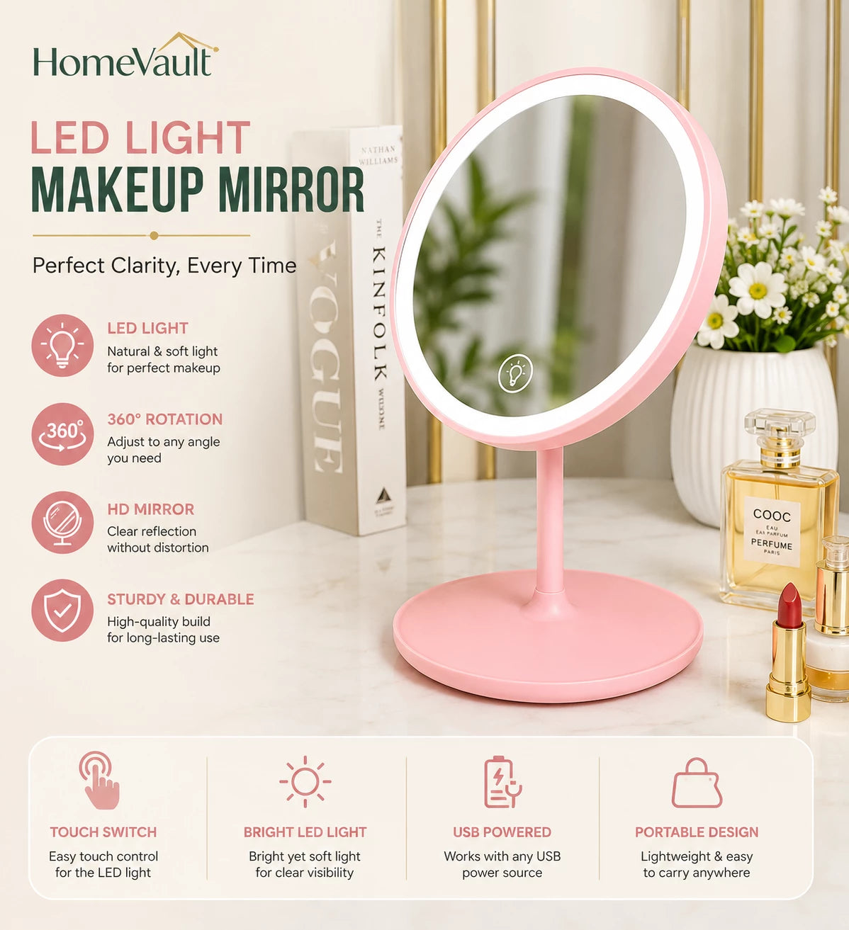 HomeVault LED Makeup Vanity Mirror | 3 Color Lighting Modes | Touch Control Cosmetic Mirror