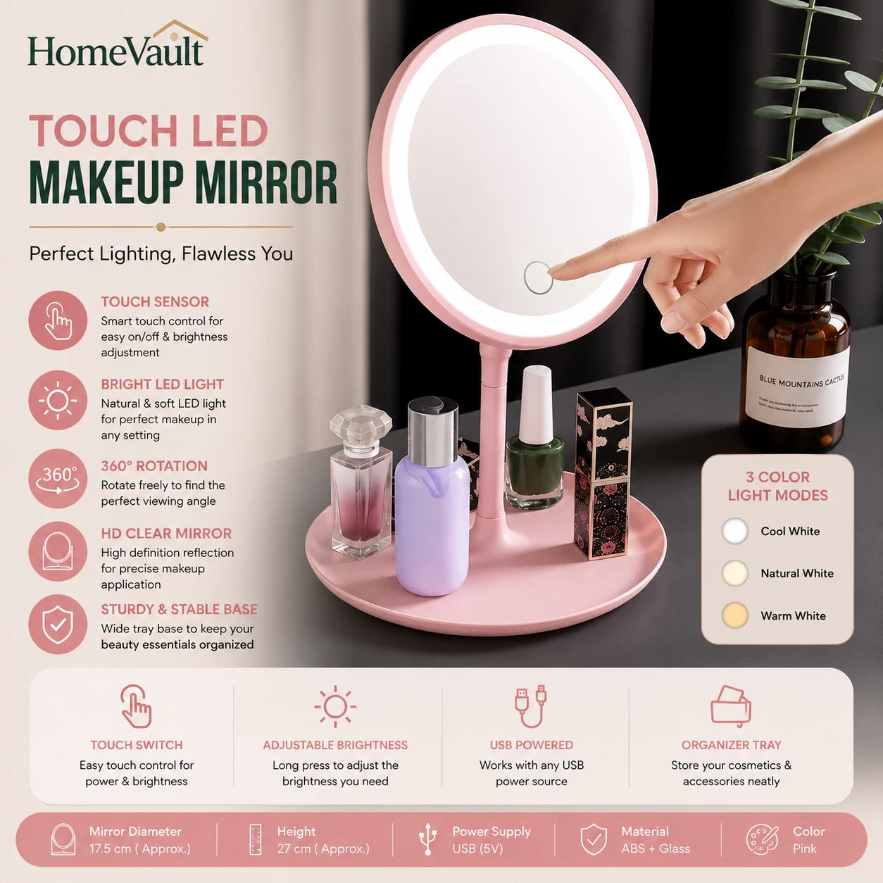 HomeVault LED Makeup Vanity Mirror | 3 Color Lighting Modes | Touch Control Cosmetic Mirror