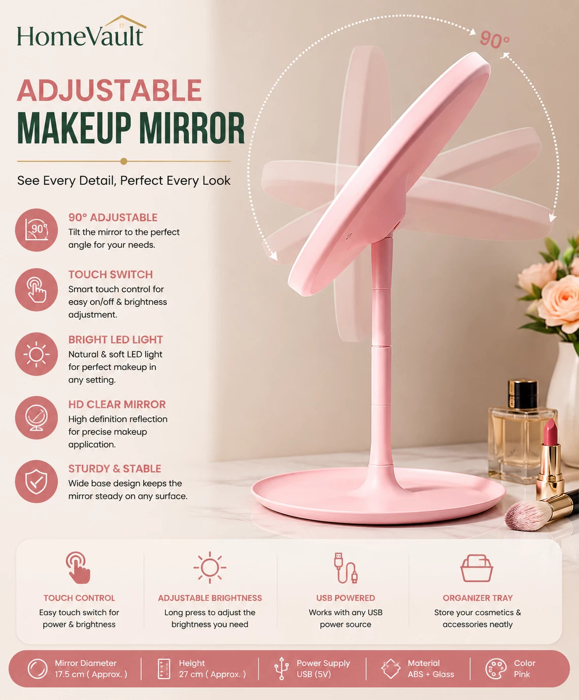 HomeVault LED Makeup Vanity Mirror | 3 Color Lighting Modes | Touch Control Cosmetic Mirror