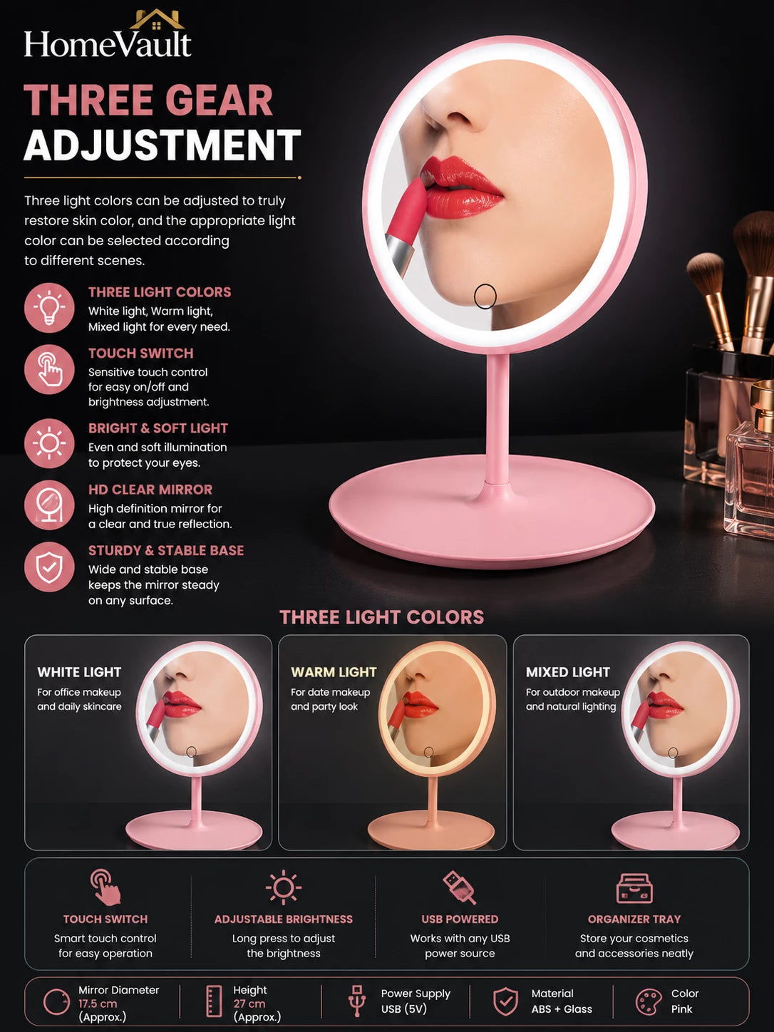 HomeVault LED Makeup Vanity Mirror | 3 Color Lighting Modes | Touch Control Cosmetic Mirror