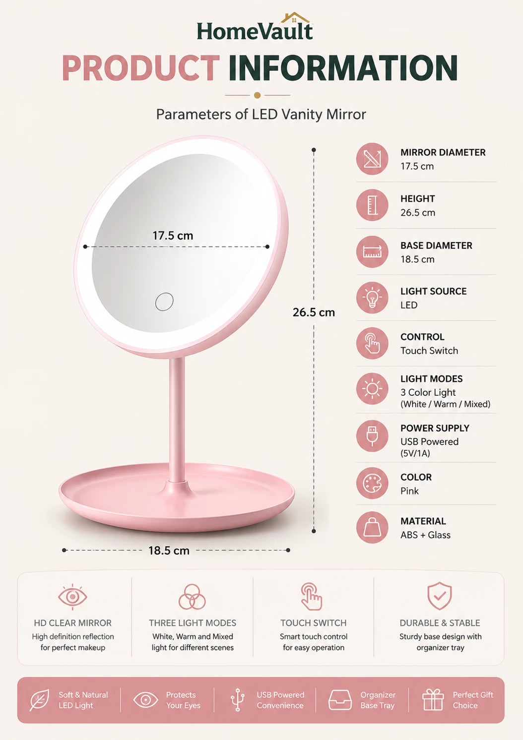 HomeVault LED Makeup Vanity Mirror | 3 Color Lighting Modes | Touch Control Cosmetic Mirror
