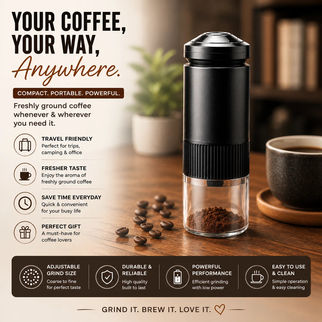 Portable Electric Coffee Grinder | USB Rechargeable Burr Coffee Bean Grinder | HomeVault
