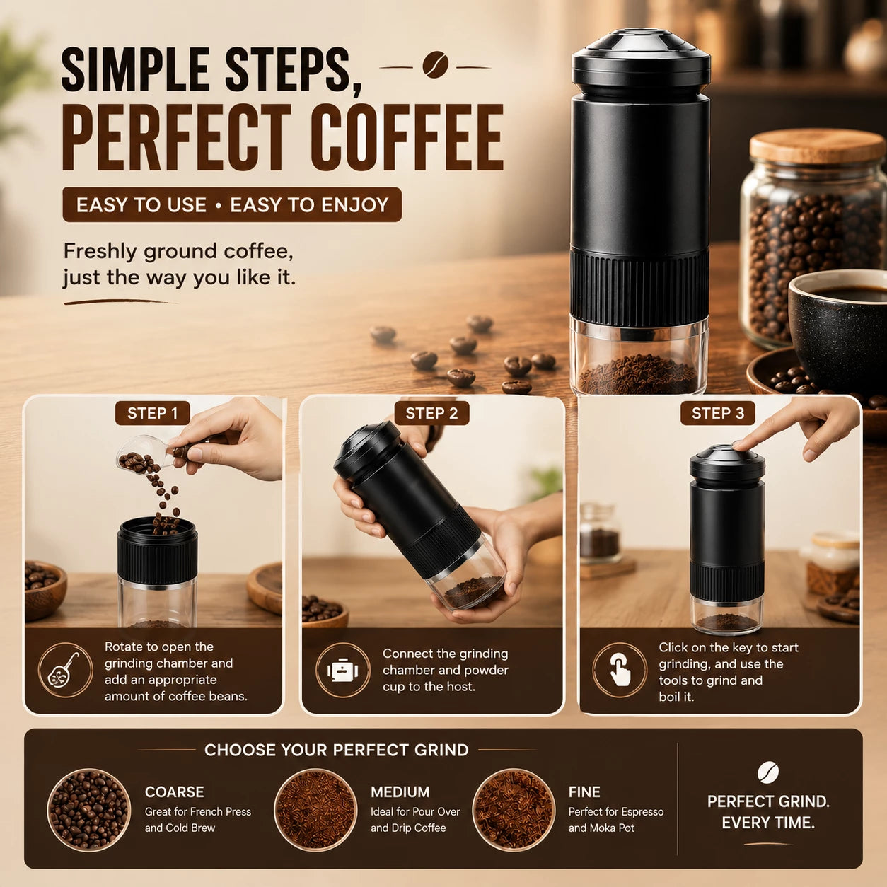 Portable Electric Coffee Grinder | USB Rechargeable Burr Coffee Bean Grinder | HomeVault