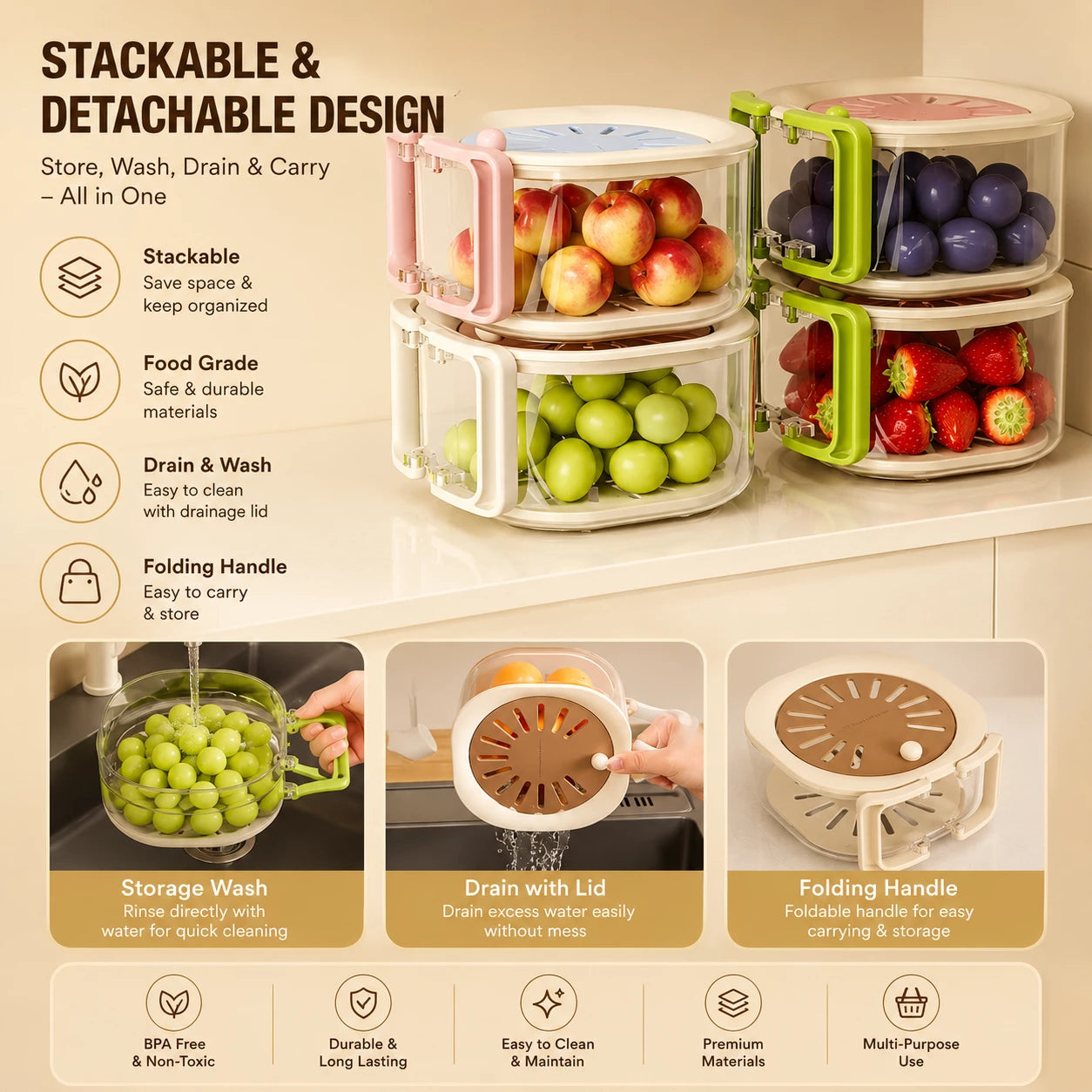 2-in-1 Fruit & Vegetable Washing & Storage Basket with Drain Lid