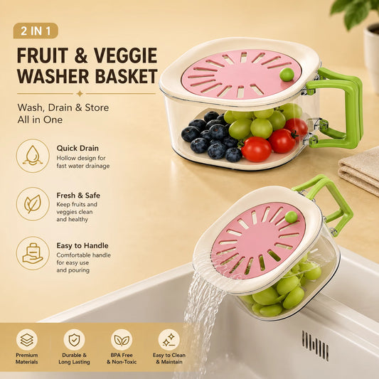 2-in-1 Fruit & Vegetable Washing & Storage Basket with Drain Lid