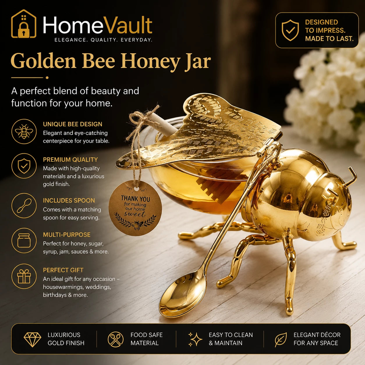 HomeVault Luxury Golden Bee Honey Jar