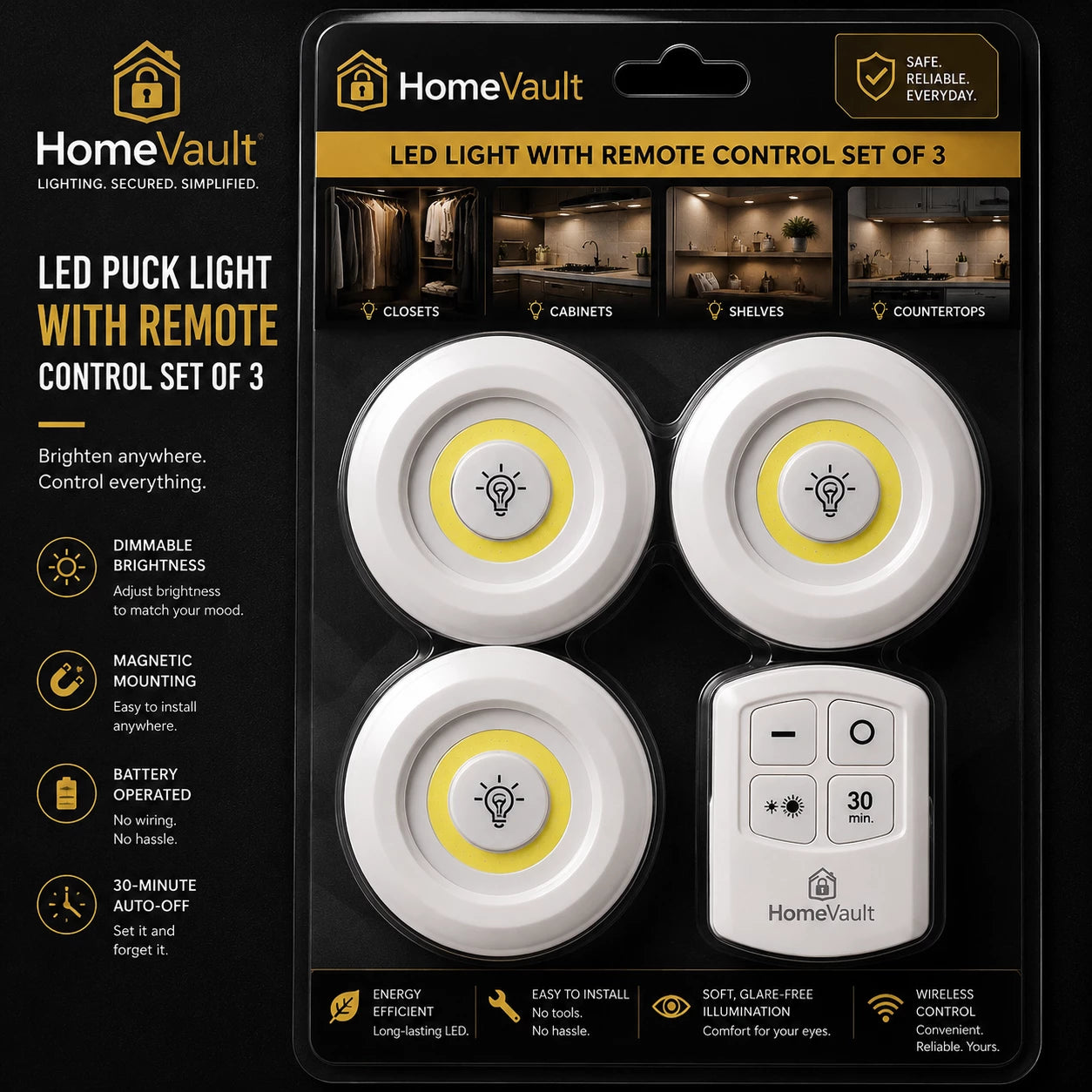 HomeVault Wireless LED Puck Lights with Remote Control