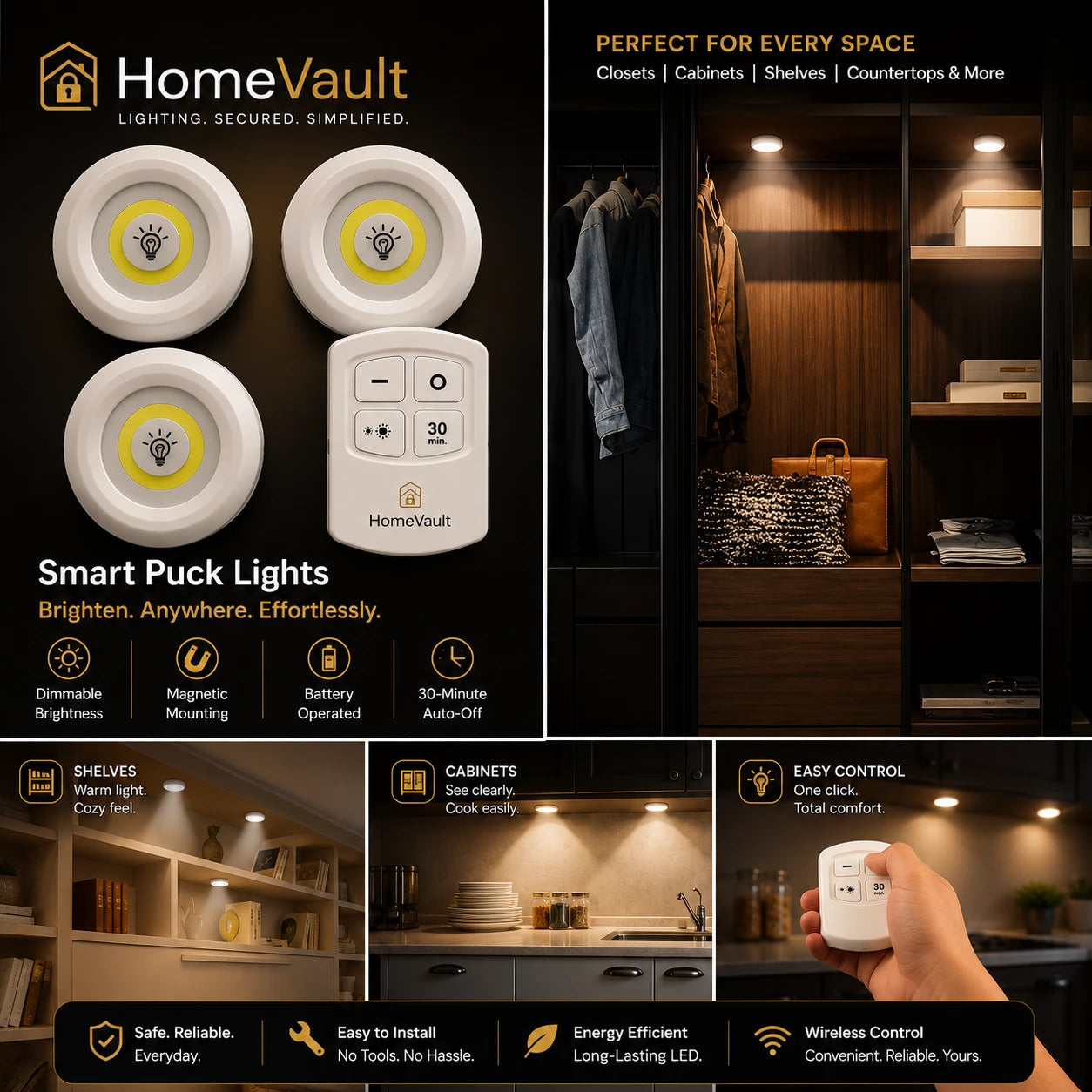 HomeVault Wireless LED Puck Lights with Remote Control