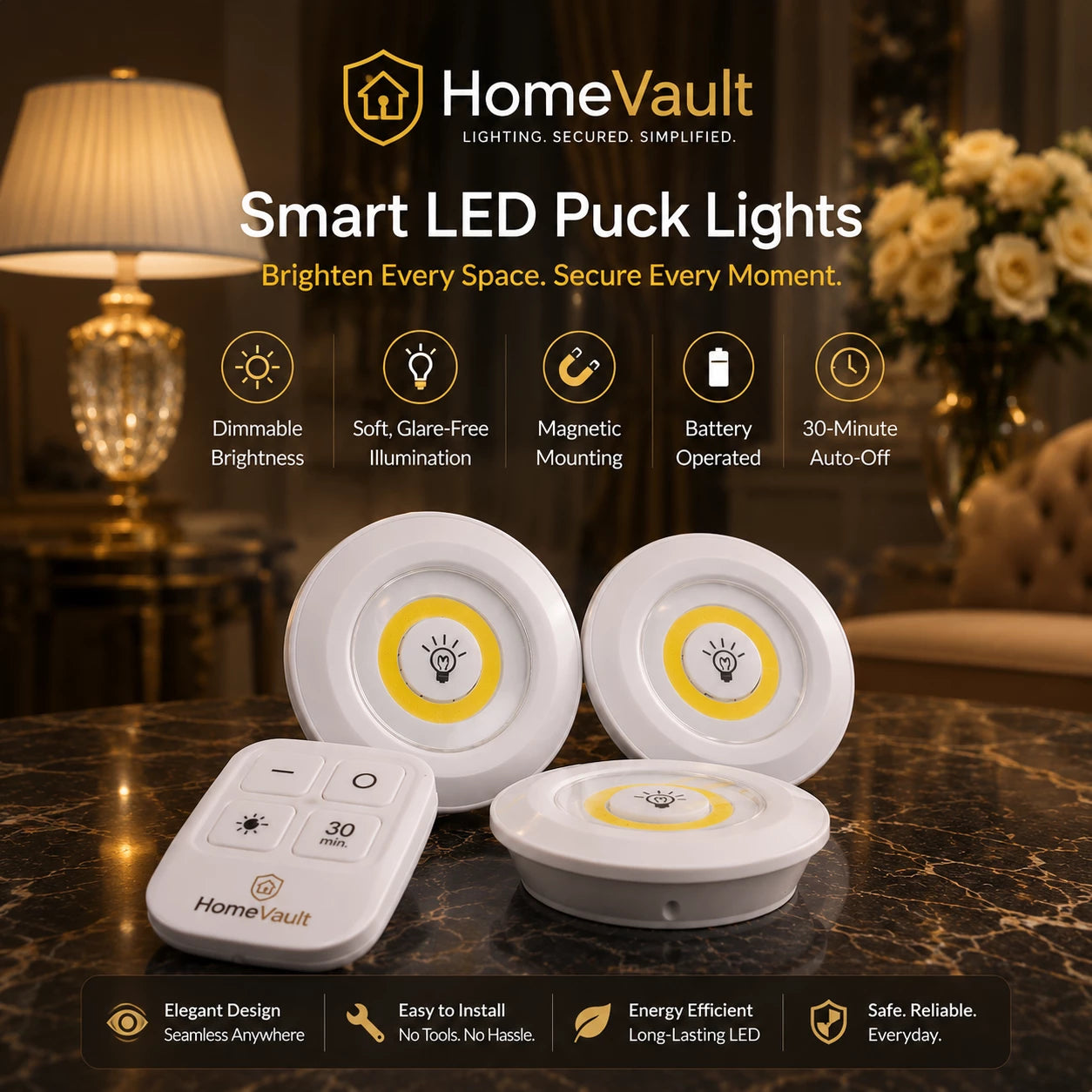 HomeVault Wireless LED Puck Lights with Remote Control