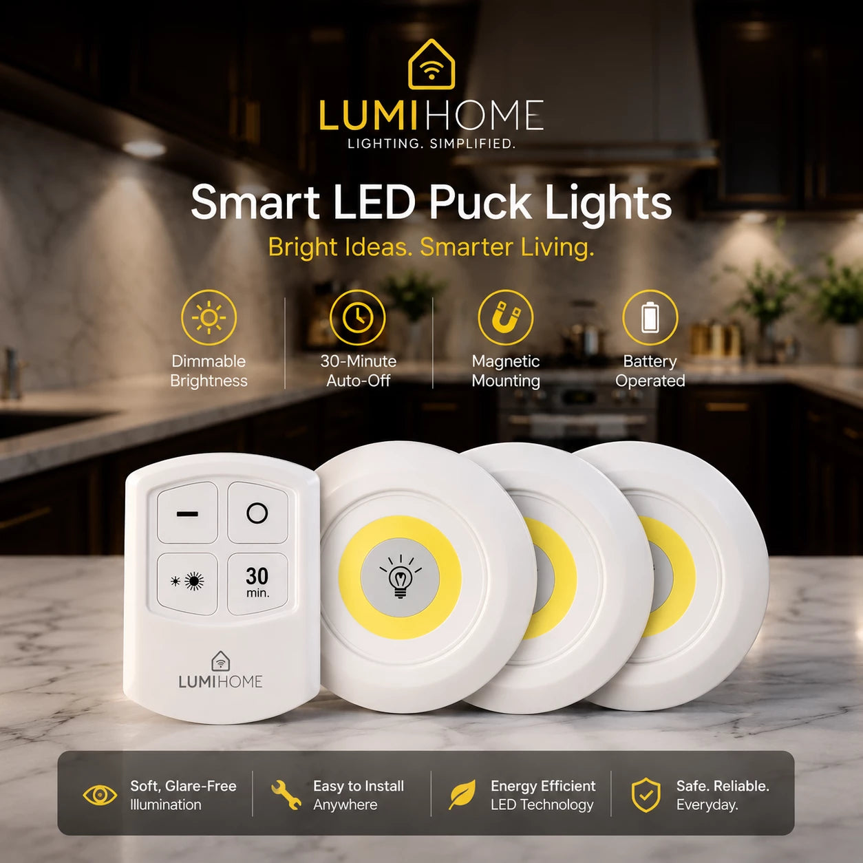 HomeVault Wireless LED Puck Lights with Remote Control