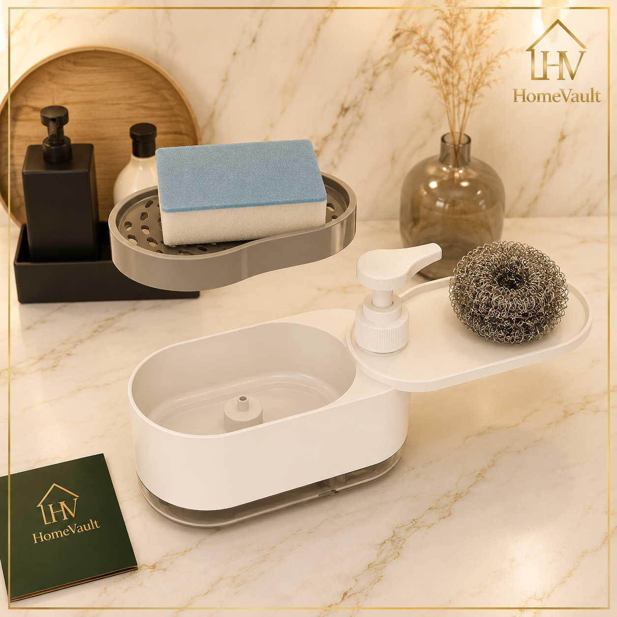 2-in-1 Soap Dispenser with Sponge Holder & Drip Tray | Kitchen Sink Organizer | HomeVault