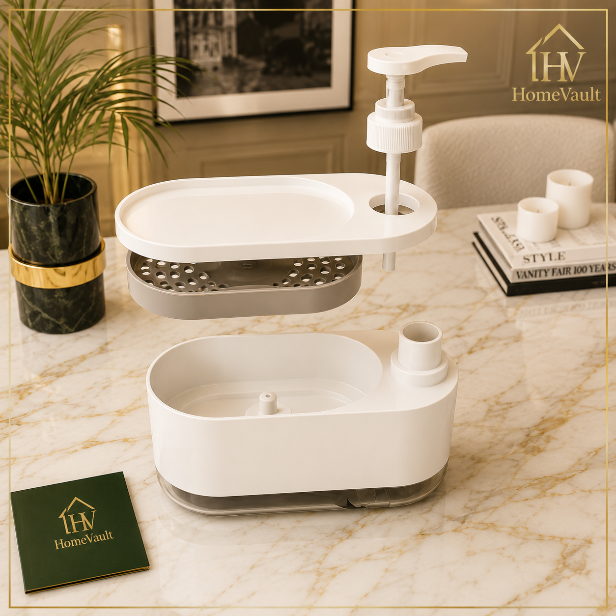 2-in-1 Soap Dispenser with Sponge Holder & Drip Tray | Kitchen Sink Organizer | HomeVault