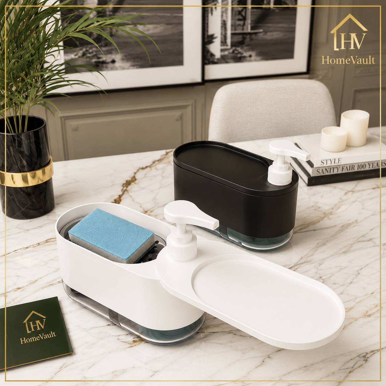 2-in-1 Soap Dispenser with Sponge Holder & Drip Tray | Kitchen Sink Organizer | HomeVault