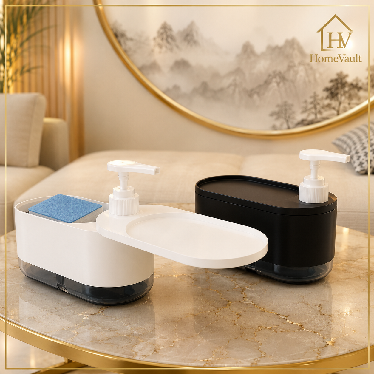 2-in-1 Soap Dispenser with Sponge Holder & Drip Tray | Kitchen Sink Organizer | HomeVault