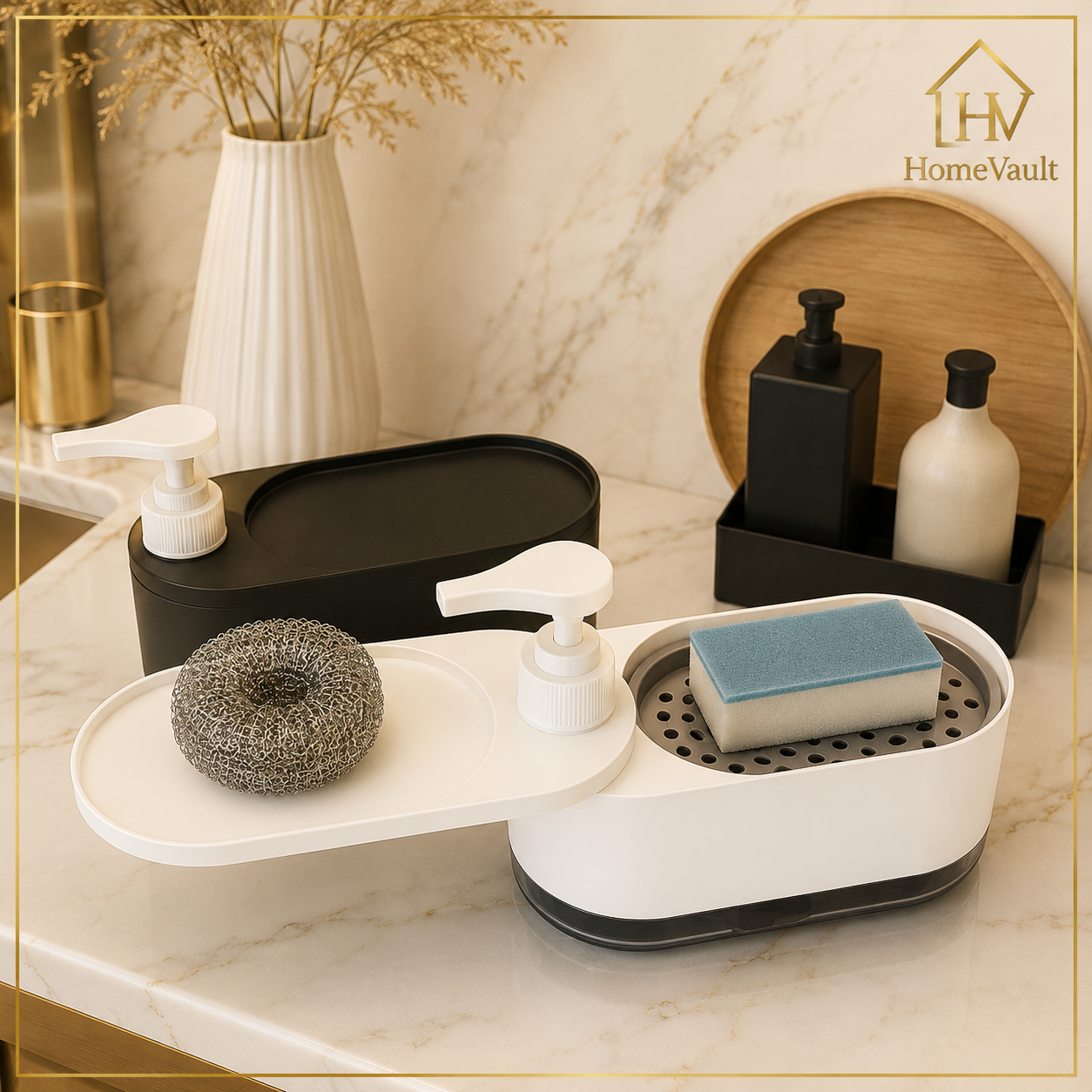 2-in-1 Soap Dispenser with Sponge Holder & Drip Tray | Kitchen Sink Organizer | HomeVault
