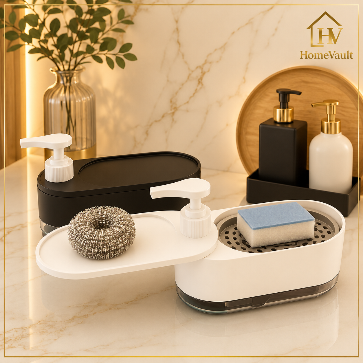 2-in-1 Soap Dispenser with Sponge Holder & Drip Tray | Kitchen Sink Organizer | HomeVault