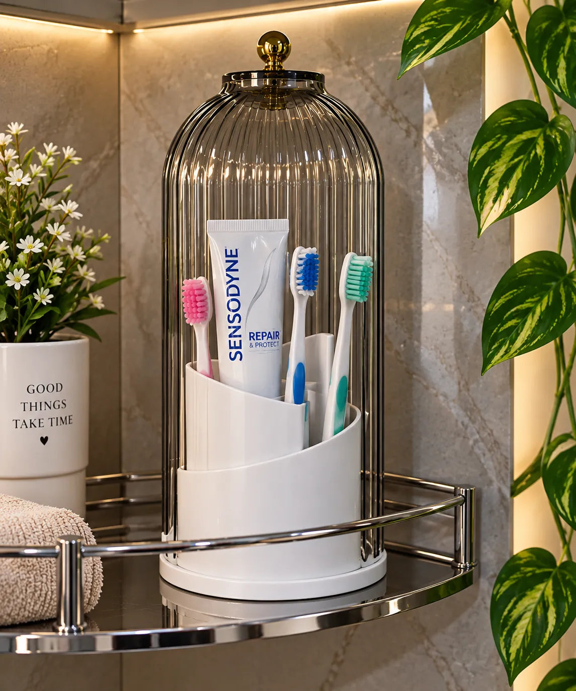Elegant Ribbed Glass Toothbrush Holder
