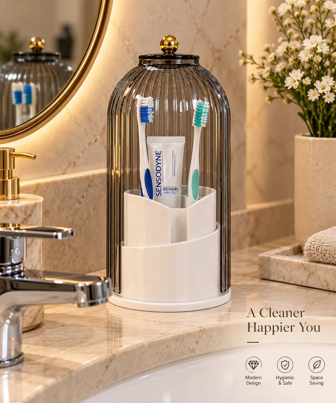 Elegant Ribbed Glass Toothbrush Holder