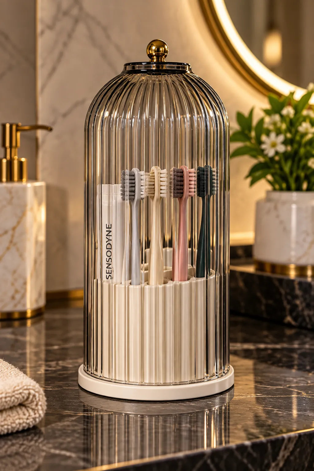 Elegant Ribbed Glass Toothbrush Holder