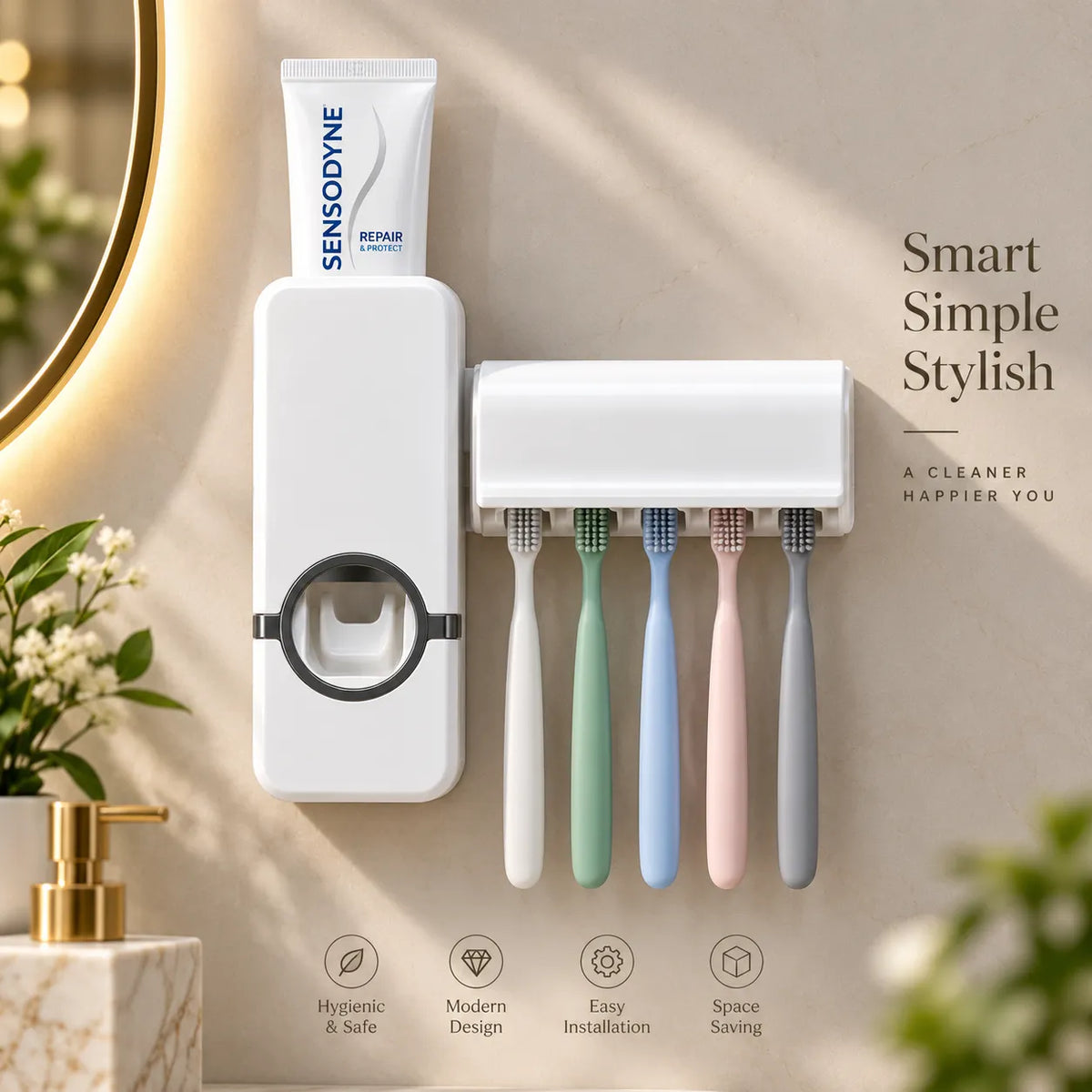 Wall-Mounted Automatic Toothpaste Dispenser & Toothbrush Holder