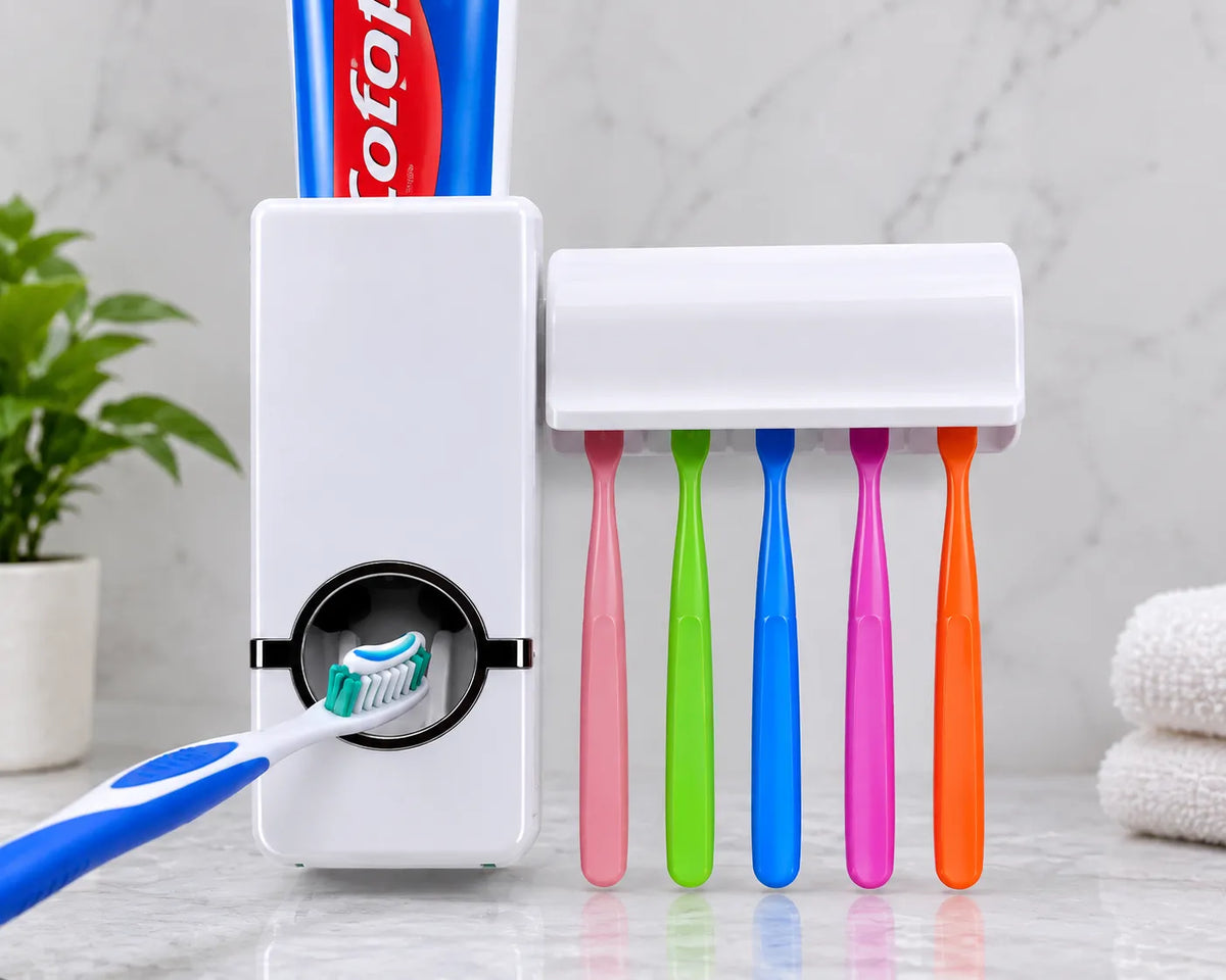 Wall-Mounted Automatic Toothpaste Dispenser & Toothbrush Holder