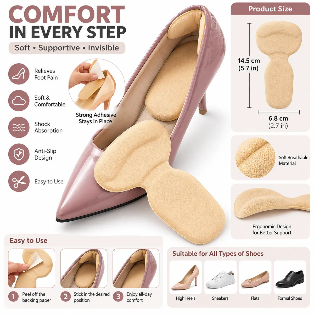ComfortStep Heel Cushion & Foot Support Insoles