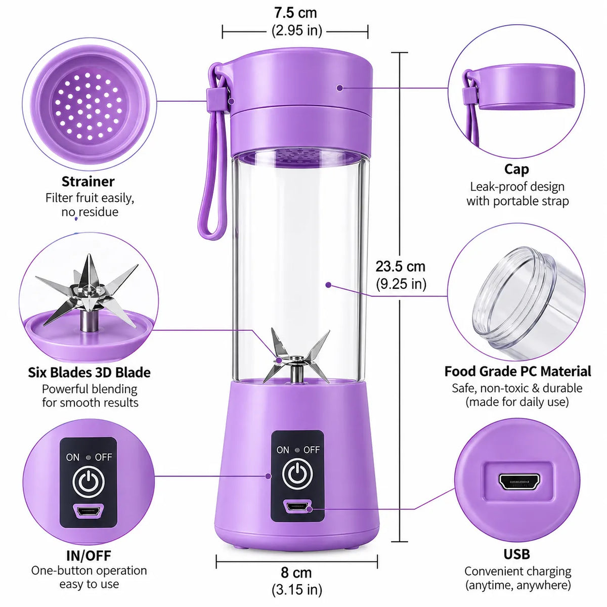 Portable Electric Blender – 380ML Rechargeable Mini Juicer