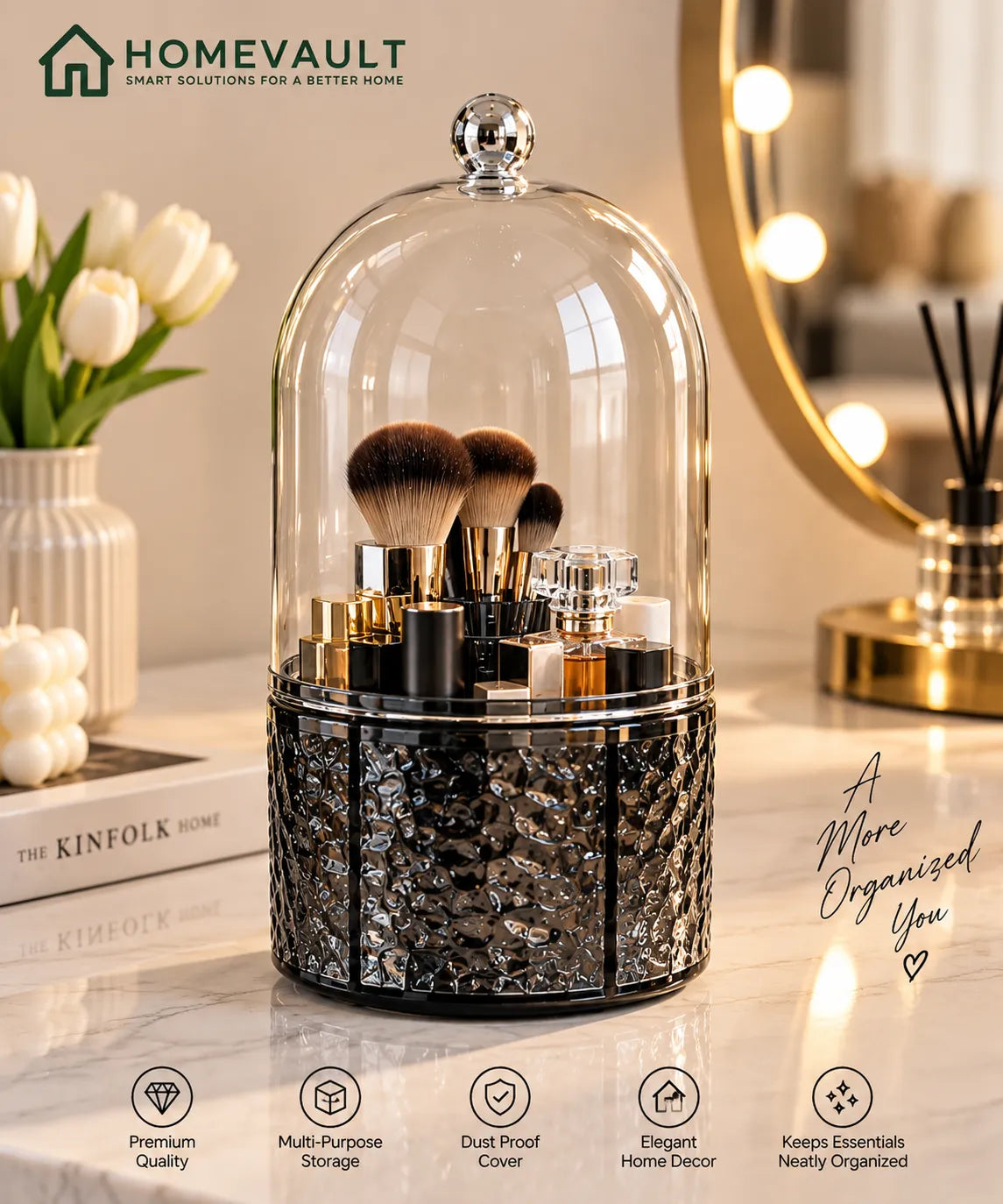 Luxury Glass Dome Makeup & Beauty Organizer – Dust-Proof Storage