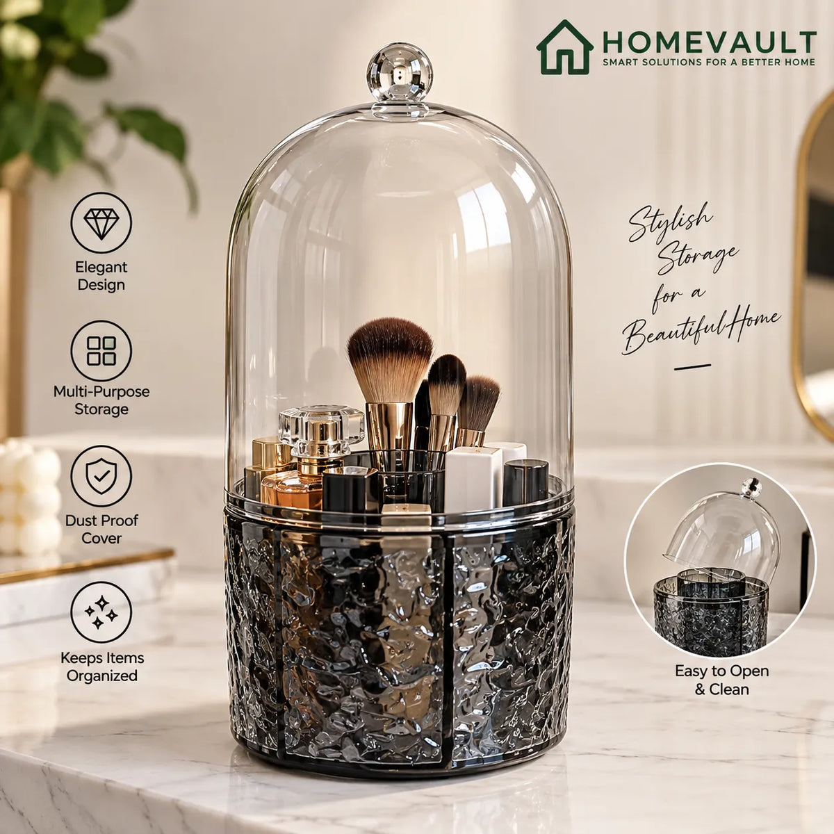 Luxury Glass Dome Makeup & Beauty Organizer – Dust-Proof Storage