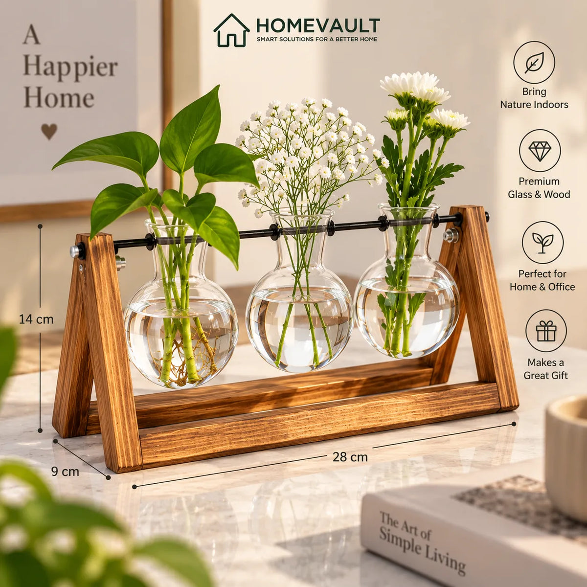 3-Piece Hydroponic Glass Vase with Wooden Stand – Decorative Plant Propagation Set