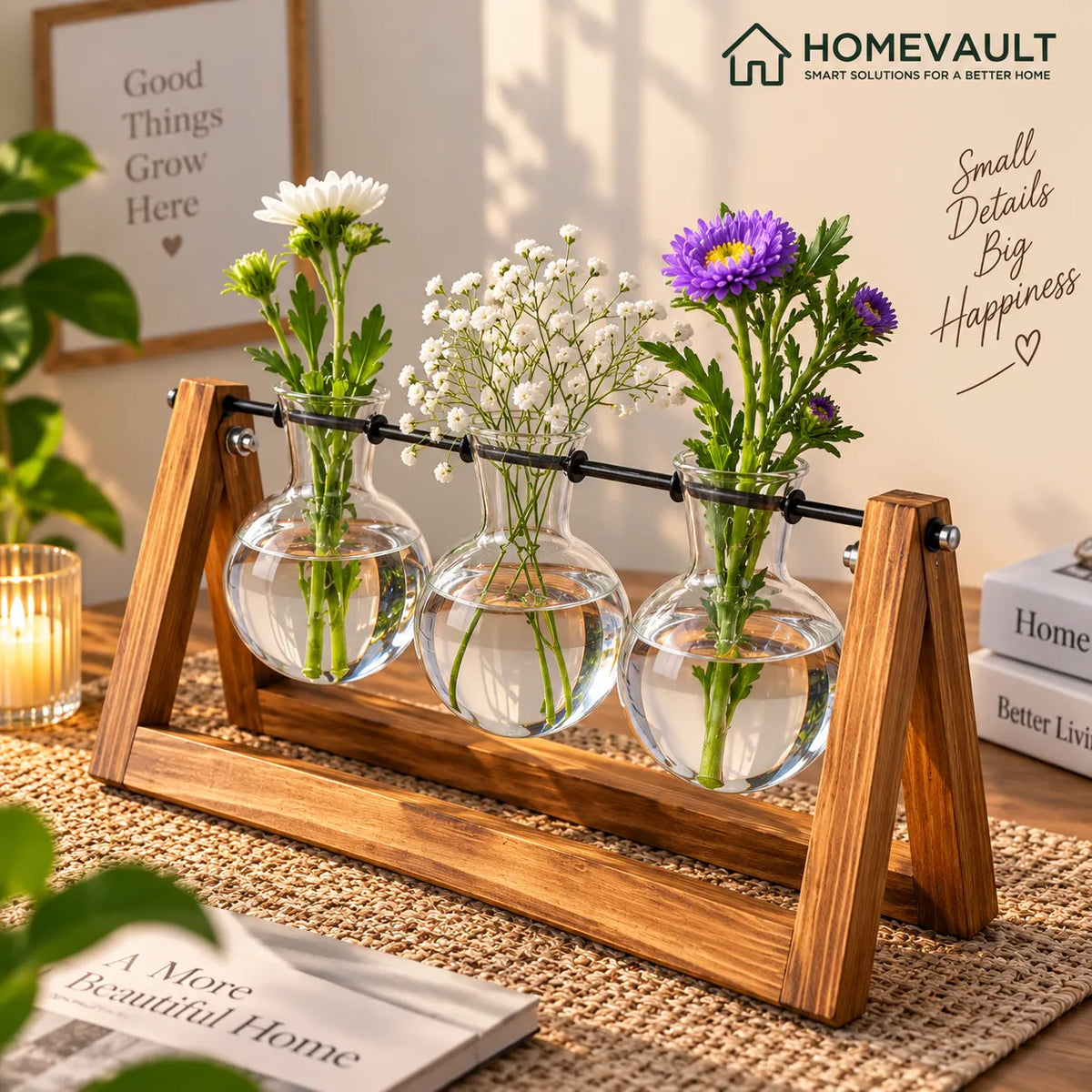3-Piece Hydroponic Glass Vase with Wooden Stand – Decorative Plant Propagation Set