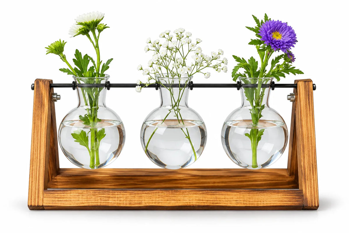 3-Piece Hydroponic Glass Vase with Wooden Stand – Decorative Plant Propagation Set
