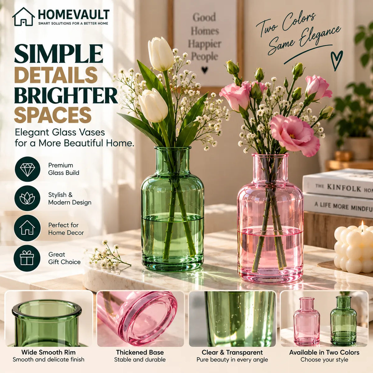 Elegant Glass Flower Vase – Modern Decorative Vase | Green & Pink